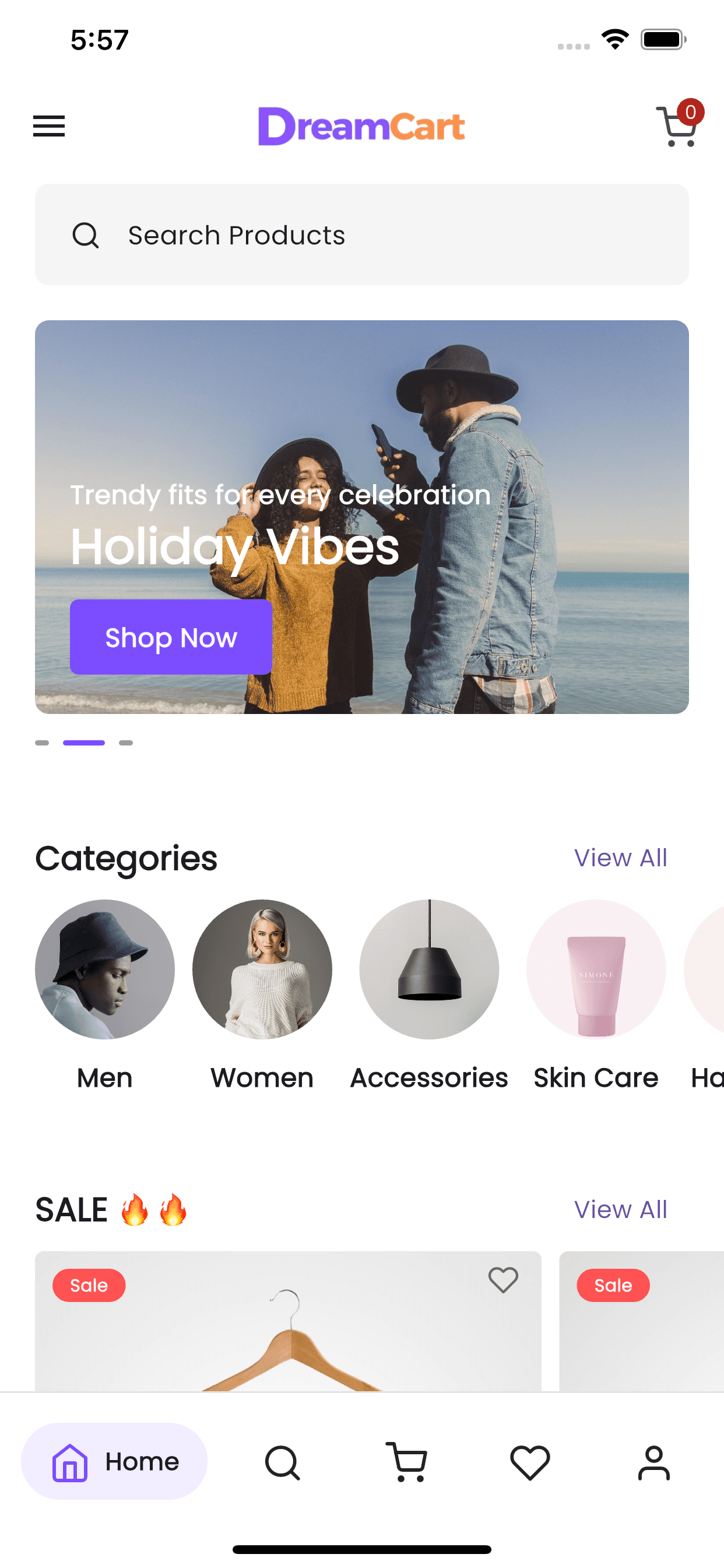 DreamCart Flutter app home screen – WooCommerce ecommerce store on Android and iOS