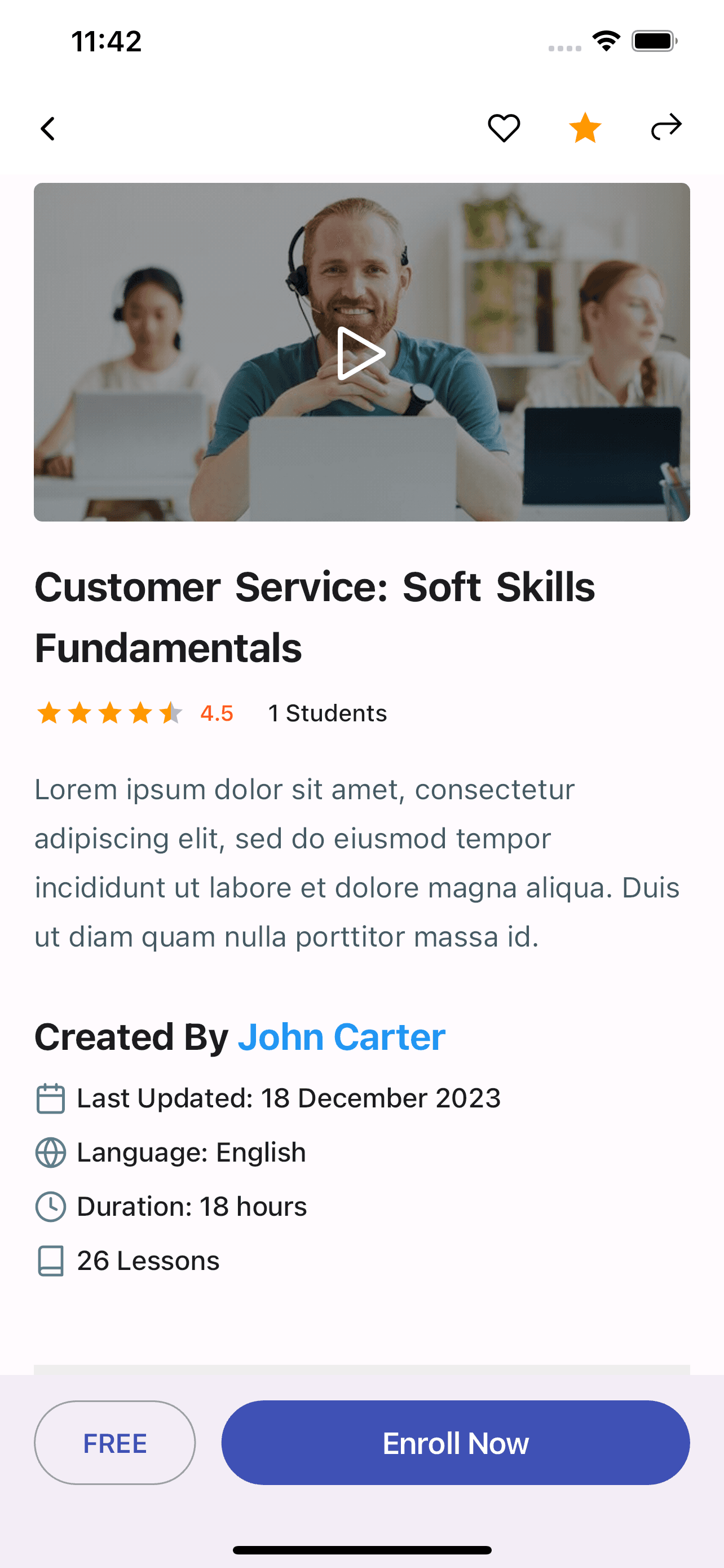 Prime LMS – course and lesson screen on Android and iOS